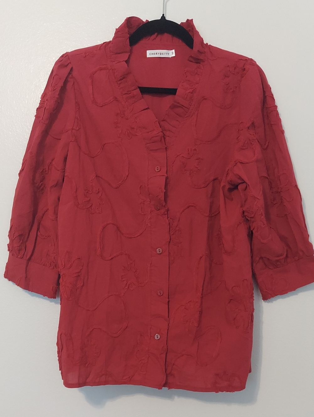 Cherry Betty Red Textured Button-Front Women's Top 100% Cotton Size M